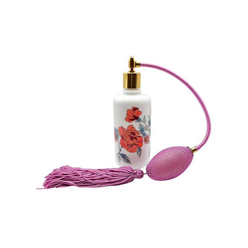 "WHITE 02" fehér porcelán parfümszóró, lila hosszú pumpával, rózsa mintával, 125 ml