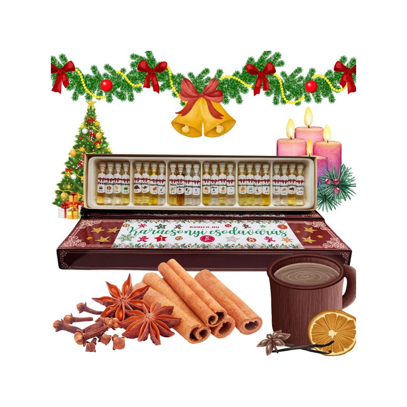 Karácsonyi csodavárás aromaterápiás illóolaj adventi naptár, 24 db különböző 2ml-es illóolaj-fiolával