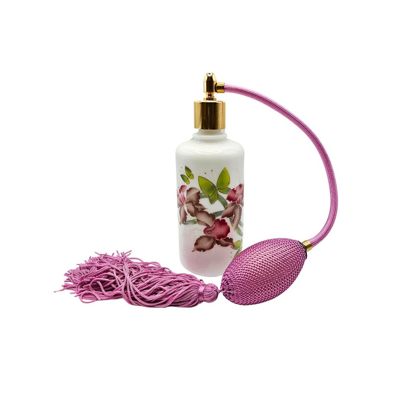 "WHITE 01" fehér porcelán parfümszóró, lila hosszú pumpával, liliom mintával, 125 ml