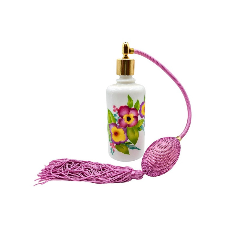 "WHITE 03" fehér porcelán parfümszóró, lila hosszú pumpával, primula mintával, 125 ml
