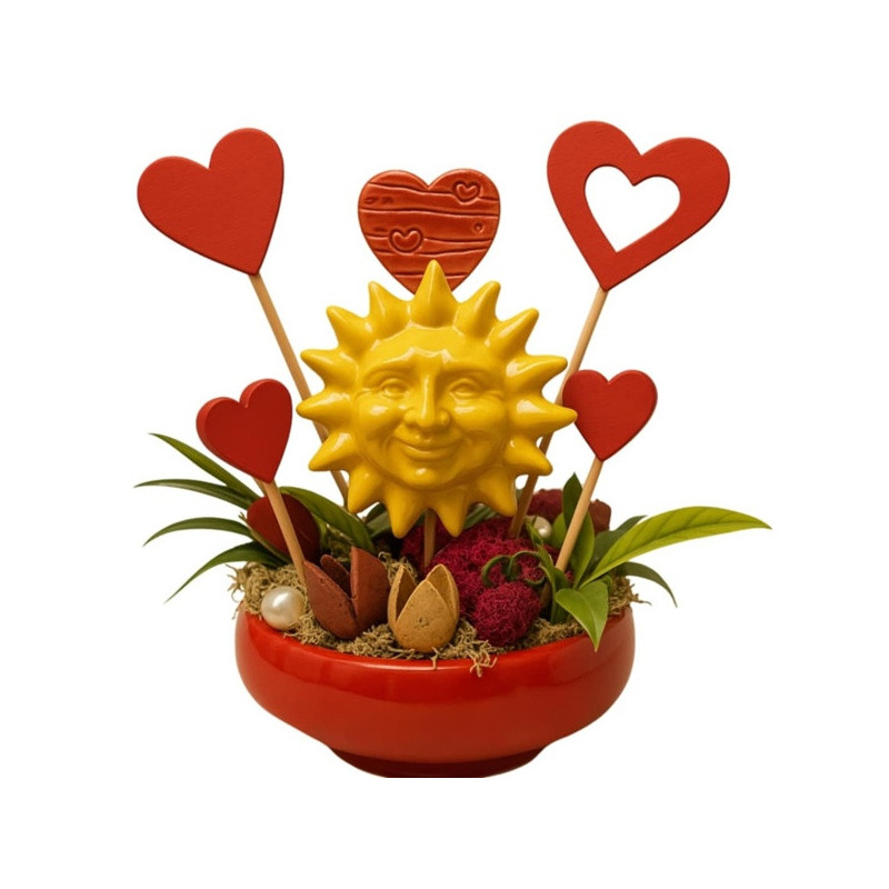 "Csupa Szív" * kerámia asztaldísz * Napocska és dekor-szív, fa szívek,  díszítések * kerámia kaspóban